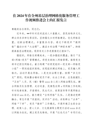 在2024年在全州基层治理网格化服务管理工作视频推进会上的汇报发言