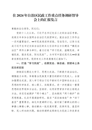 在2024年自治区民政工作重点任务调研督导会上的汇报发言