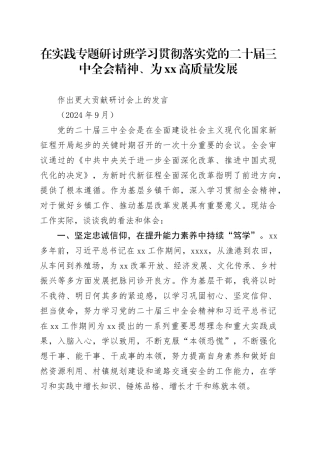 在XX实践专题研讨班学习贯彻落实党的二十届三中全会精神