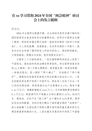 在XX学习贯彻2024年全国“两会精神”研讨会上的发言提纲