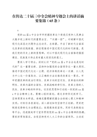 在传达二十届三中全会精神专题会上的讲话摘要集锦（65条）