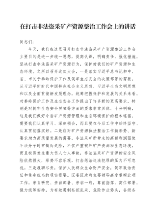 在打击非法盗采矿产资源整治工作会上的讲话
