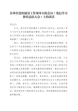 在单位党的建设工作领导小组会议（党纪学习教育总结大会）上的讲话20241009