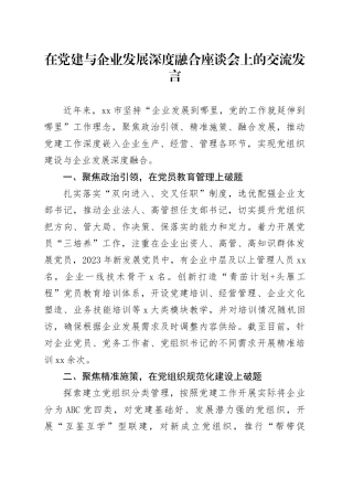 在党建与企业发展深度融合座谈会上的交流发言