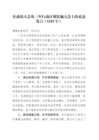 在动员大会及三年行动计划实施大会上的表态发言（1215字）