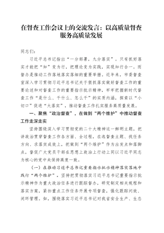 在督查工作会议上的交流发言：以高质量督查服务高质量发展