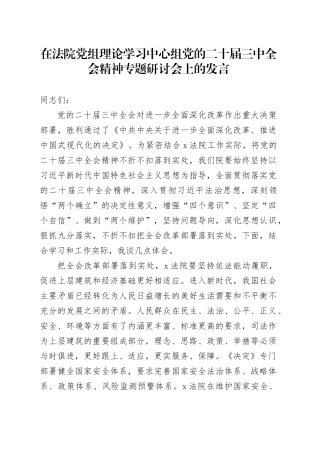 在法院党组理论学习中心组党的二十届三中全会精神专题研讨会上的发言