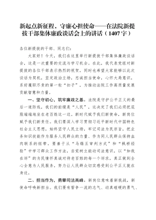 在法院新提拔干部集体廉政谈话会上的讲话（1407字）