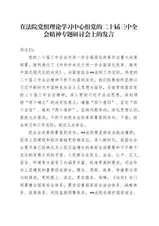在法院中心组二十届三中全会精神专题研讨会上的发言