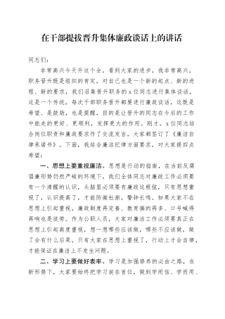在干部提拔晋升集体廉政谈话上的讲话
