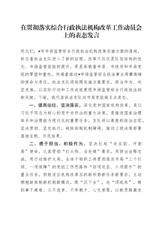 在贯彻落实综合行政执法机构改革工作动员会上的表态发言
