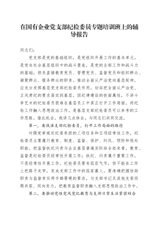在国企公司党支部纪检委员专题培训班上的辅导报告（党课参考）