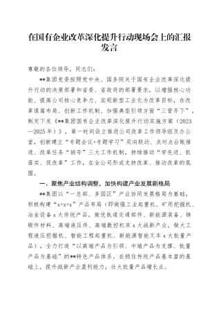 在国有企业改革深化提升行动现场会上的汇报发言