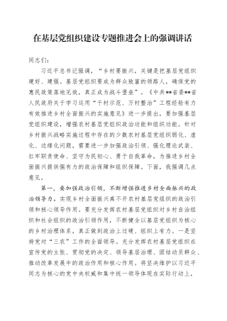 在基层党组织建设专题推进会上的强调讲话