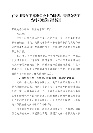 在集团青年干部座谈会上的讲话：青春奋进正当时 砥砺前行谱新篇