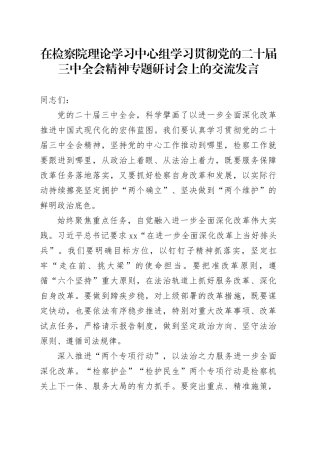 在检察院理论学习中心组学习贯彻党的二十届三中全会精神专题研讨会上的交流发言
