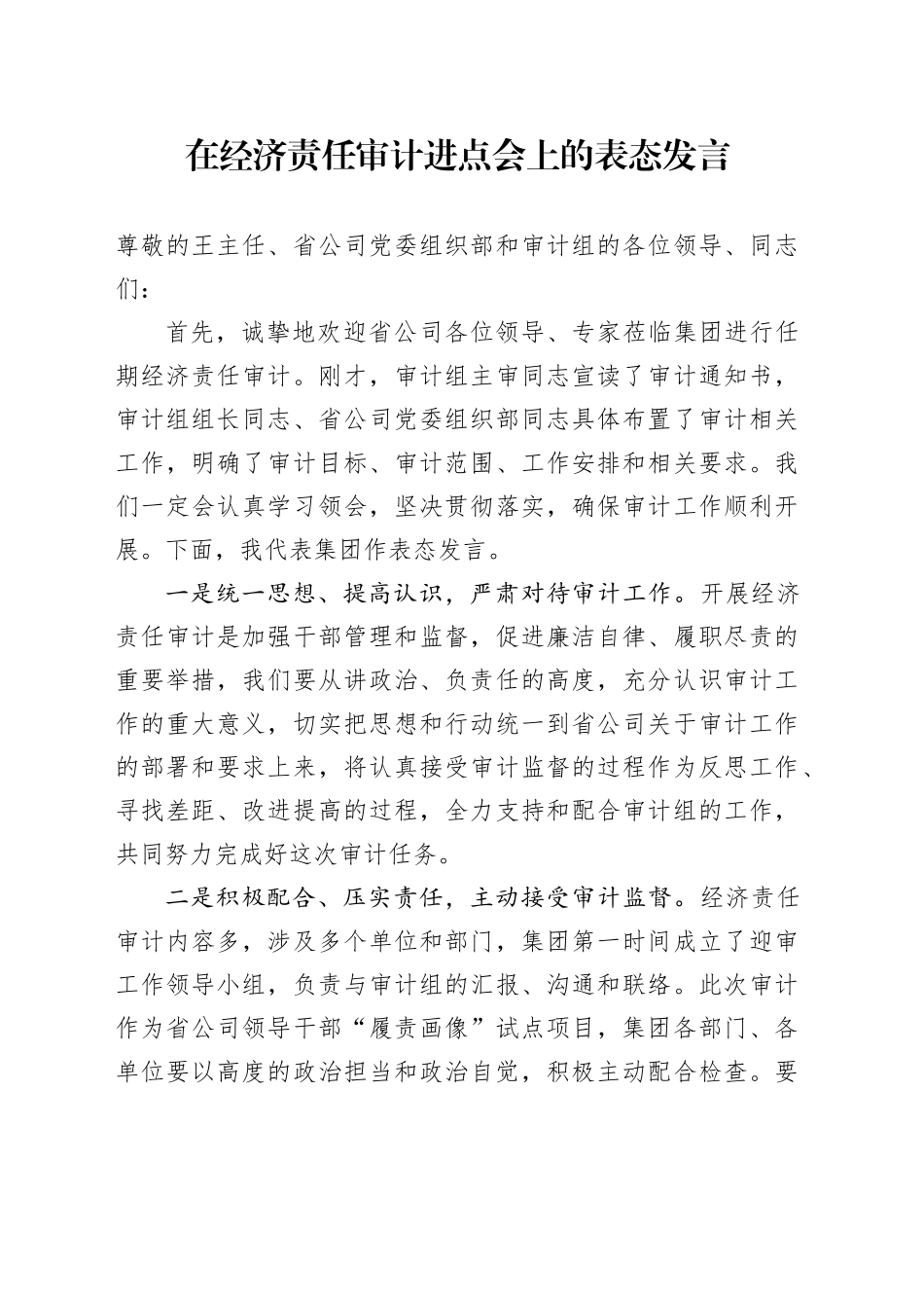 在经济责任审计进点会上的表态发言（集团公司）_第1页