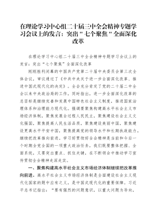 在理论学习中心组二十届三中全会精神专题学习会议上的发言：突出＂七个聚焦＂全面深化改革