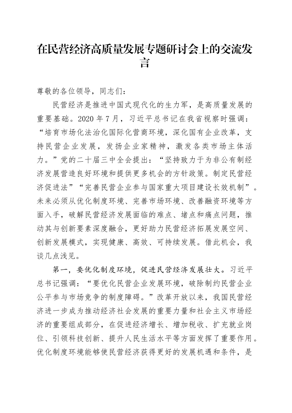 在民营经济高质量发展专题研讨会上的交流发言_第1页