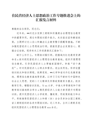 在民营经济人士思想政治工作专题推进会上的汇报发言材料