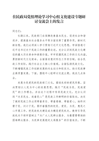 在民政局党组理论学习中心组文化建设专题研讨交流会上的发言