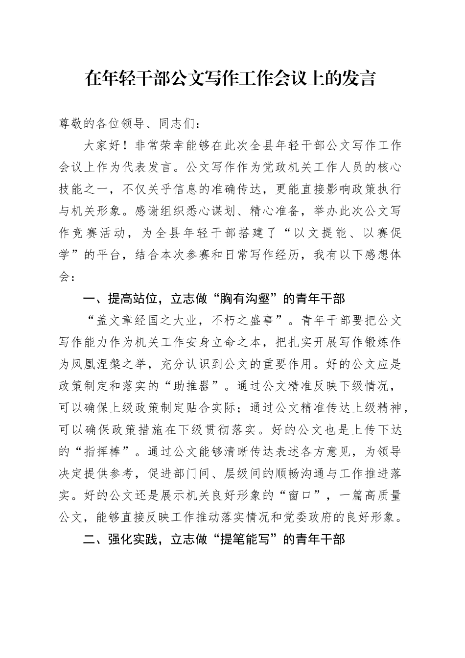在年轻干部公文写作工作会议上的发言_第1页
