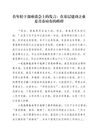在年轻干部座谈会上的发言：在基层建功立业是青春应有的模样