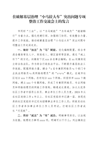 在破解基层治理“小马拉大车”突出问题专项整治工作交流会上的发言