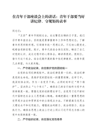 在青年干部座谈会上的讲话：青年干部要当好讲纪律、守规矩的表率