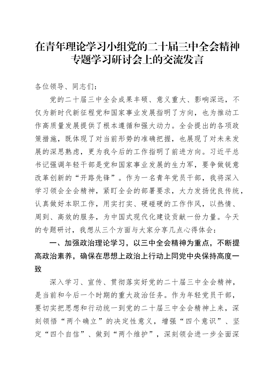 在青年理论学习小组党的二十届三中全会精神专题学习研讨会上的交流发言_第1页