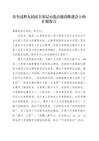 在全过程人民民主基层示范点建设推进会上的汇报发言