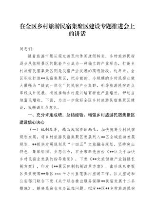 在全区乡村旅游民宿集聚区建设专题推进会上的讲话