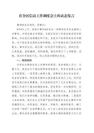 在全区信访工作调度会上的表态发言