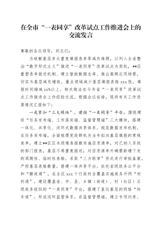 在全市“一表同享”改革试点工作推进会上的交流发言