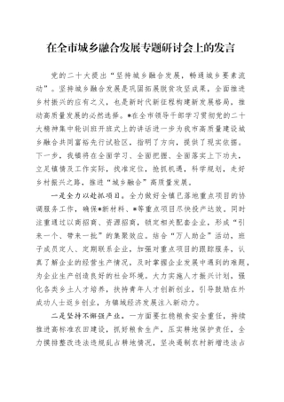 在全市城乡融合发展专题研讨会上的发言