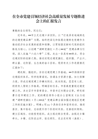 在全市党建引领经济社会高质量发展专题推进会上的汇报发言