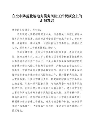 在全市防范化解地方债务风险工作视频会上的汇报发言