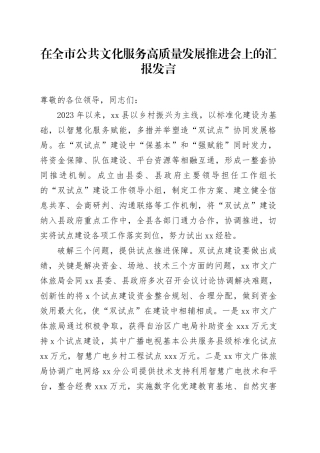 在全市公共文化服务高质量发展推进会上的汇报发言