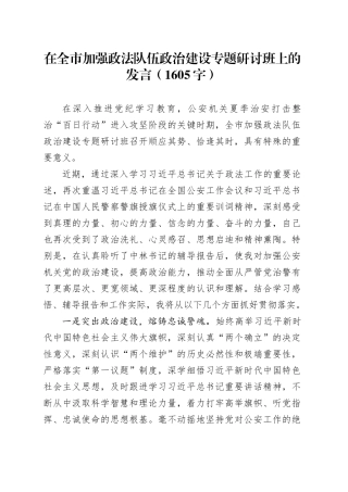 在全市加强政法队伍政治建设专题研讨班上的发言（1605字）