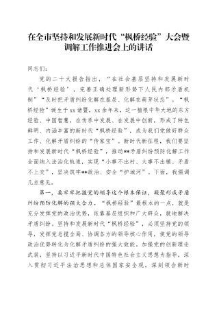 在全市坚持和发展新时代“枫桥经验” 大会暨调解工作推进会上的讲话