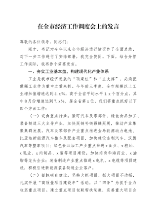 在全市经济工作调度会上的发言