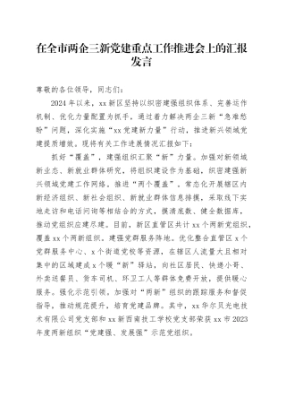在全市两企三新党建重点工作推进会上的汇报发言
