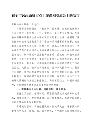 在全市民政领域重点工作谋划交流会上的发言
