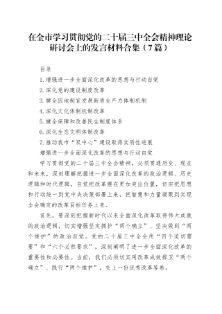 在全市学习贯彻党的二十届三中全会精神理论研讨会上的发言材料合集（7篇）