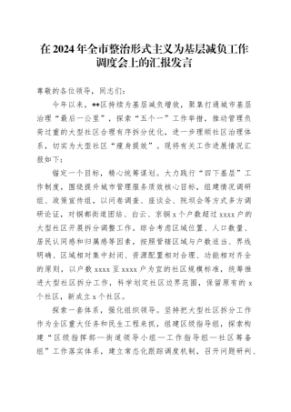 在全市整治形式主义为基层减负工作调度会上的汇报发言