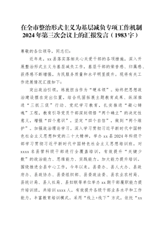 在全市整治形式主义为基层减负专项工作机制2024年第三次会议上的汇报发言（1983字）