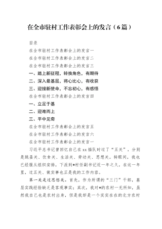 在全市驻村工作表彰会上的发言（6篇）