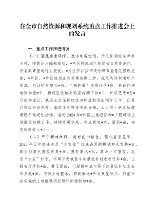 在全市自然资源和规划系统重点工作推进会上的发言