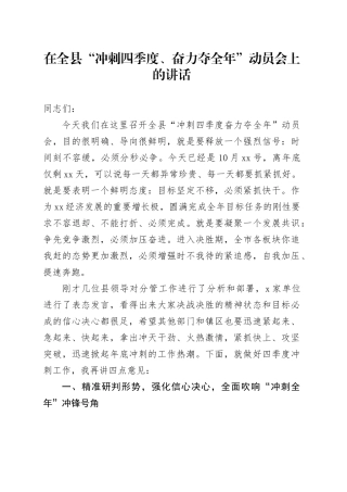 在全县“冲刺四季度、奋力夺全年”动员会上的讲话