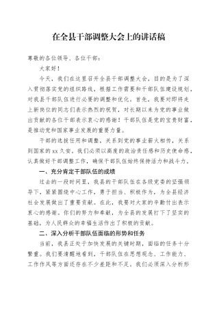 在全县干部调整大会上的讲话稿